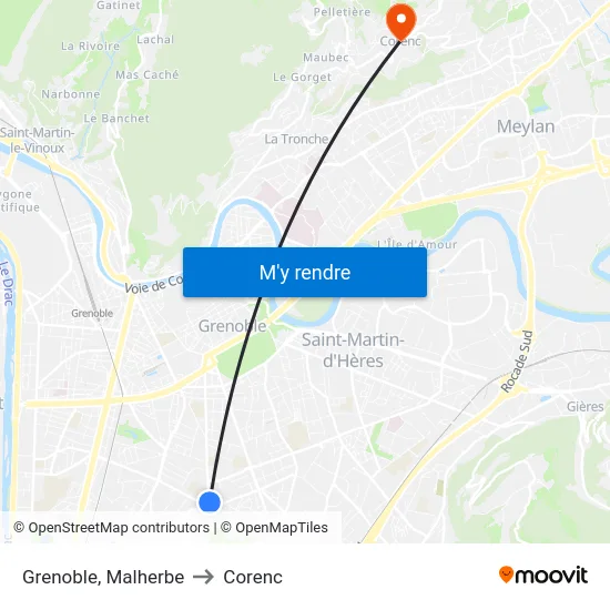 Grenoble, Malherbe to Corenc map