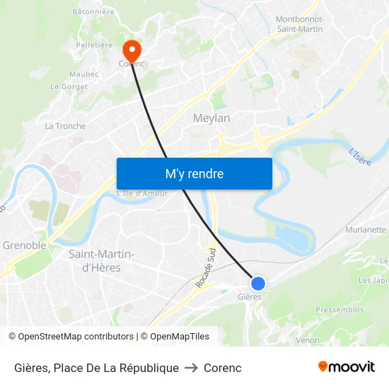 Gières, Place De La République to Corenc map