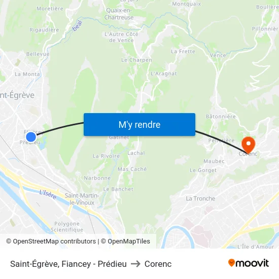 Saint-Égrève, Fiancey - Prédieu to Corenc map