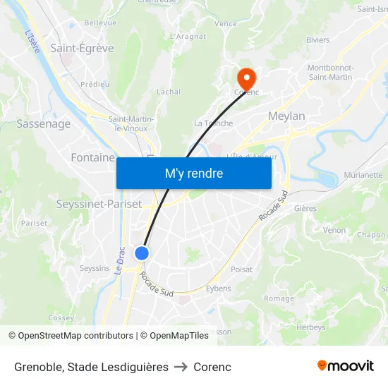 Grenoble, Stade Lesdiguières to Corenc map