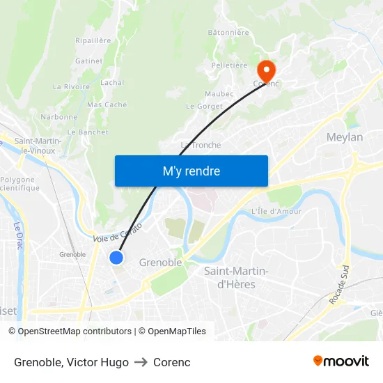 Grenoble, Victor Hugo to Corenc map
