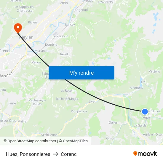 Huez, Ponsonnieres to Corenc map