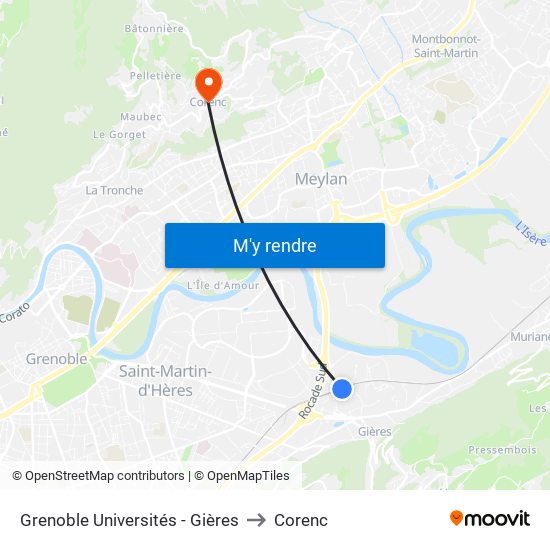 Grenoble Universités - Gières to Corenc map