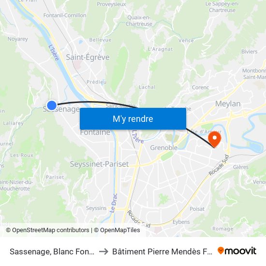 Sassenage, Blanc Fontaine to Bâtiment Pierre Mendès France map