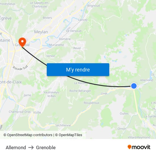 Allemond to Grenoble map