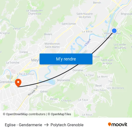 Eglise - Gendarmerie to Polytech Grenoble map