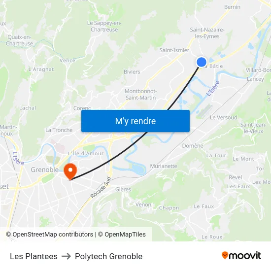 Les Plantees to Polytech Grenoble map