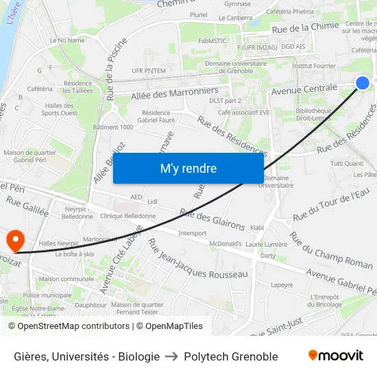 Gières, Universités - Biologie to Polytech Grenoble map