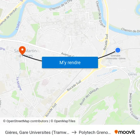 Gières, Gare Universites (Tramway) to Polytech Grenoble map