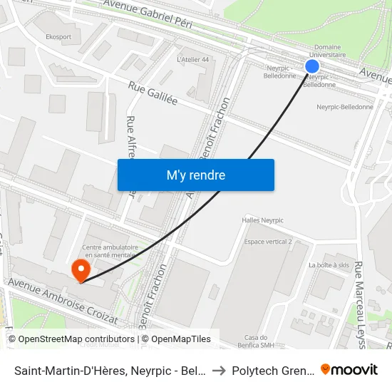 Saint-Martin-D'Hères, Neyrpic - Belledonne to Polytech Grenoble map