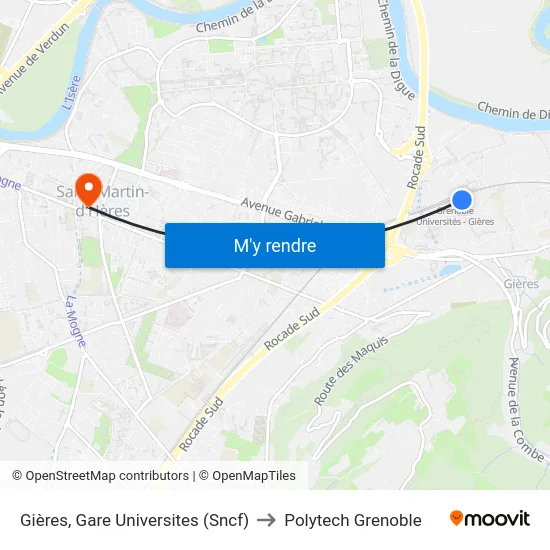Gières, Gare Universites (Sncf) to Polytech Grenoble map
