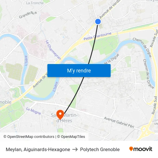 Meylan, Aiguinards-Hexagone to Polytech Grenoble map
