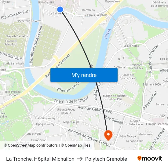 La Tronche, Hôpital Michallon to Polytech Grenoble map