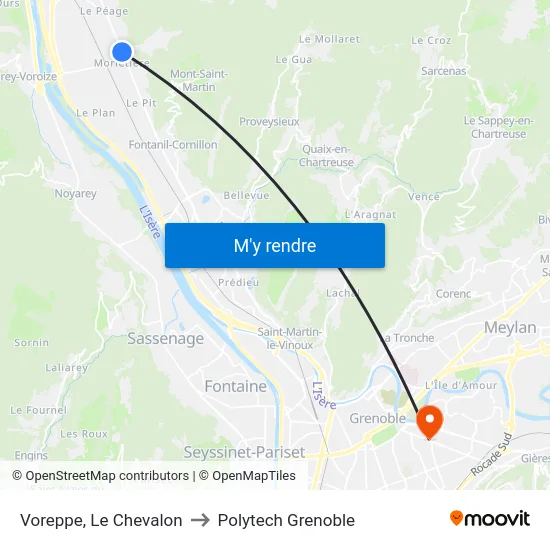 Voreppe, Le Chevalon to Polytech Grenoble map
