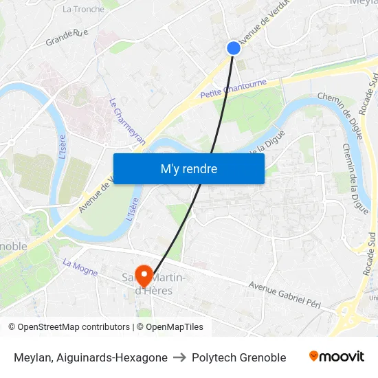 Meylan, Aiguinards-Hexagone to Polytech Grenoble map