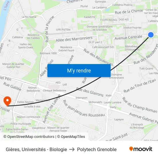 Gières, Universités - Biologie to Polytech Grenoble map