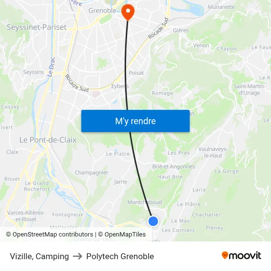 Vizille, Camping to Polytech Grenoble map