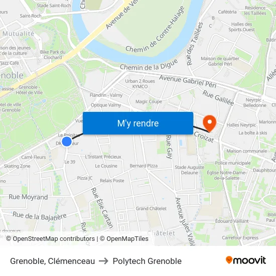 Grenoble, Clémenceau to Polytech Grenoble map