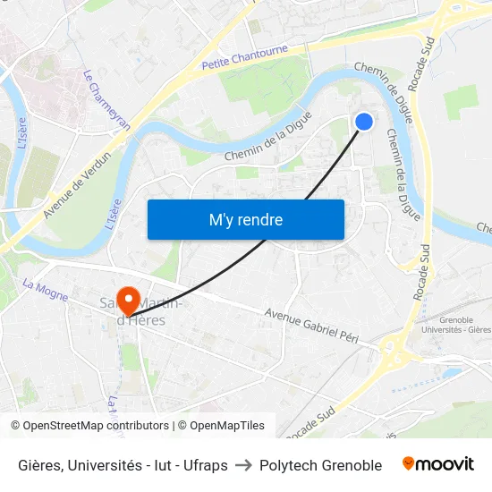 Gières, Universités - Iut - Ufraps to Polytech Grenoble map