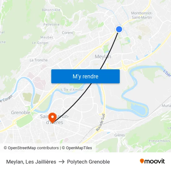 Meylan, Les Jaillières to Polytech Grenoble map