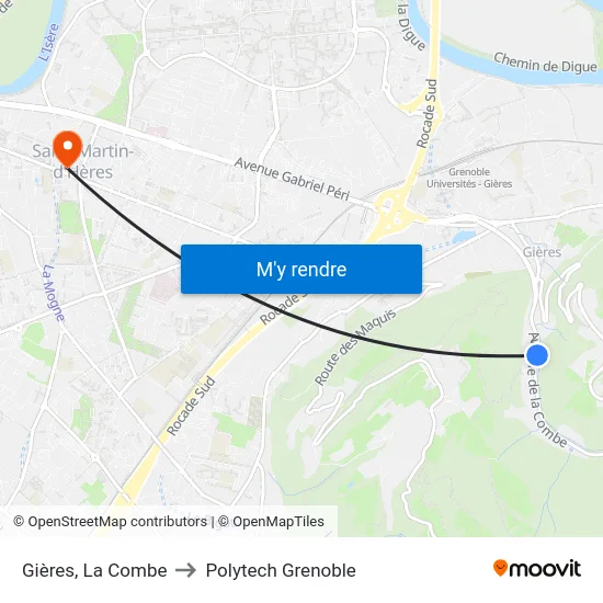 Gières, La Combe to Polytech Grenoble map