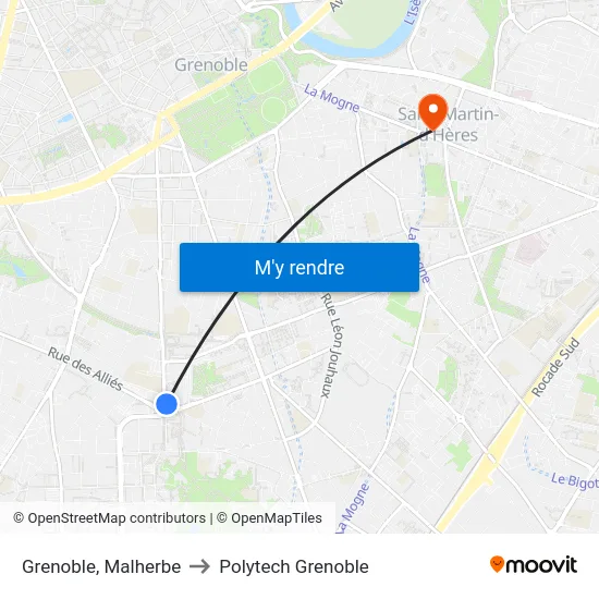 Grenoble, Malherbe to Polytech Grenoble map