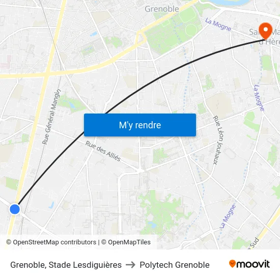 Grenoble, Stade Lesdiguières to Polytech Grenoble map