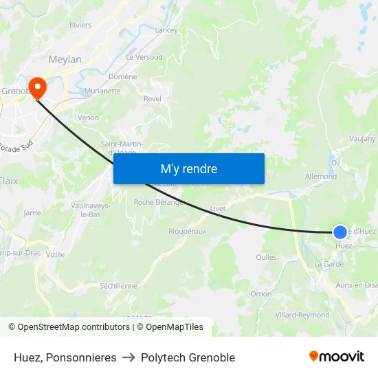 Huez, Ponsonnieres to Polytech Grenoble map