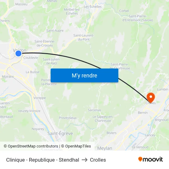 Clinique - Republique - Stendhal to Crolles map