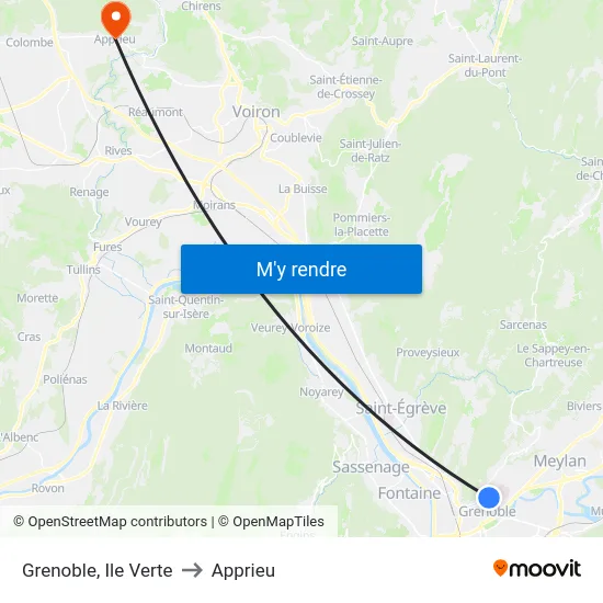 Grenoble, Ile Verte to Apprieu map