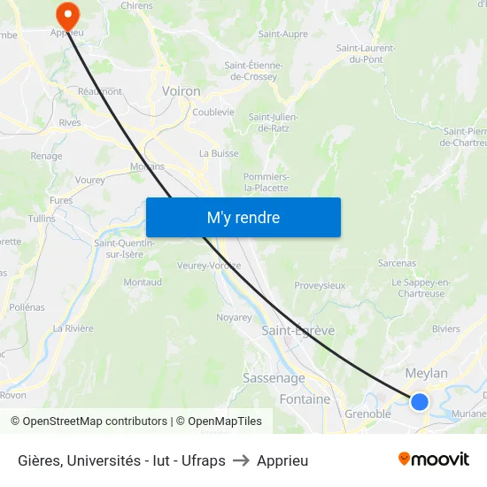 Gières, Universités - Iut - Ufraps to Apprieu map