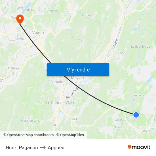 Huez, Paganon to Apprieu map