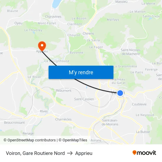 Voiron, Gare Routiere Nord to Apprieu map