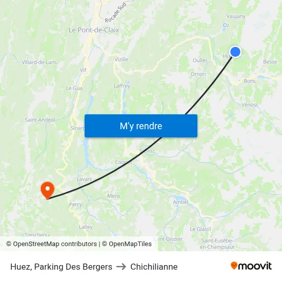 Huez, Parking Des Bergers to Chichilianne map