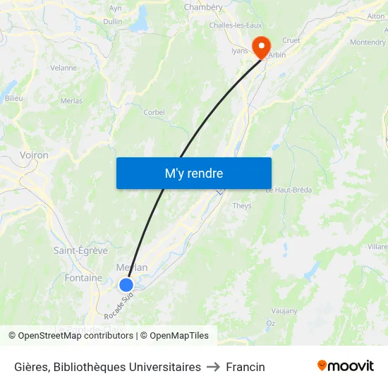 Gières, Bibliothèques Universitaires to Francin map