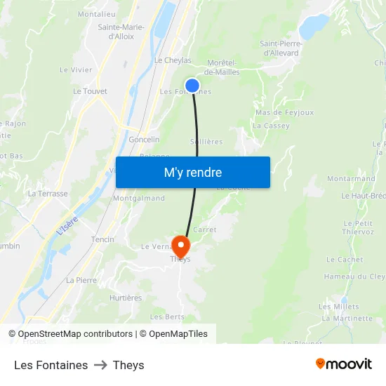 Les Fontaines to Theys map