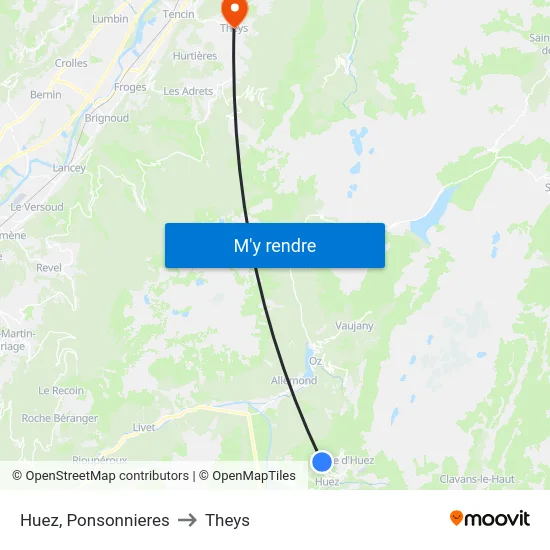 Huez, Ponsonnieres to Theys map