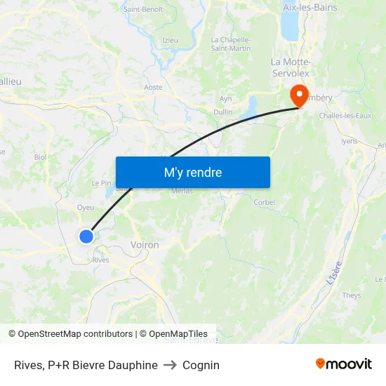 Rives, P+R Bievre Dauphine to Cognin map