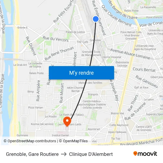 Grenoble, Gare Routiere to Clinique D'Alembert map