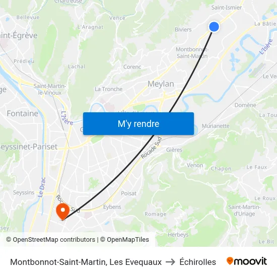 Montbonnot-Saint-Martin, Les Evequaux to Échirolles map