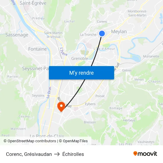 Corenc, Grésivaudan to Échirolles map