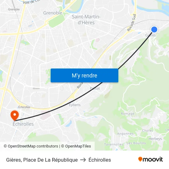 Gières, Place De La République to Échirolles map