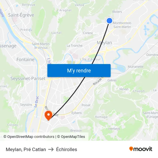 Meylan, Pré Catlan to Échirolles map