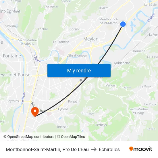 Montbonnot-Saint-Martin, Pré De L'Eau to Échirolles map