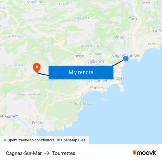 Cagnes-Sur-Mer to Tourrettes map