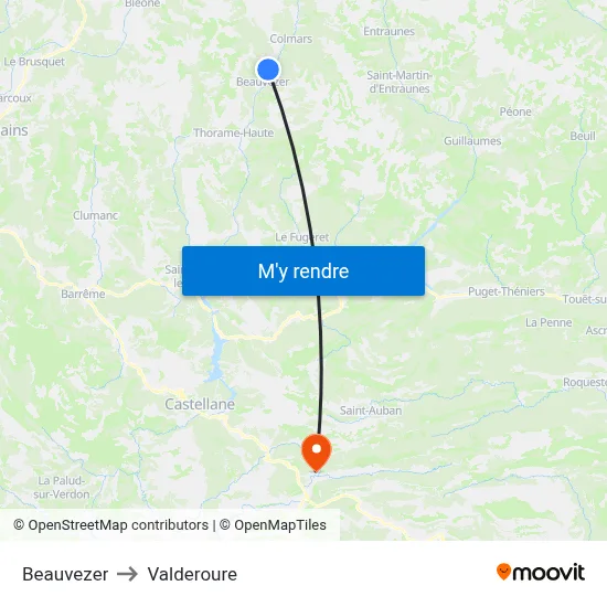 Beauvezer to Valderoure map