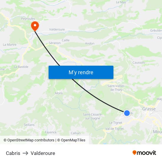 Cabris to Valderoure map