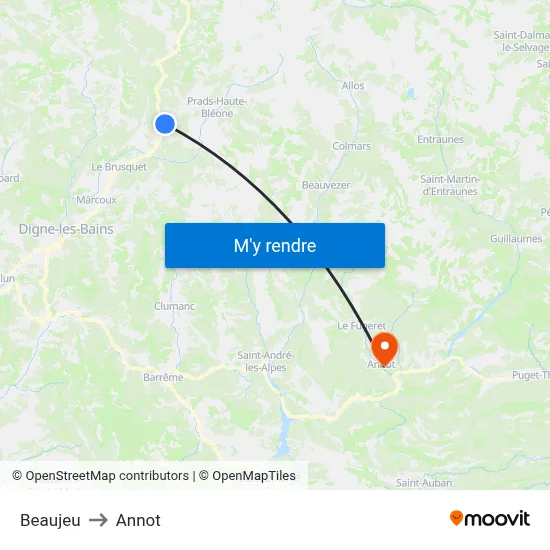 Beaujeu to Annot map