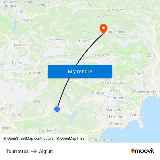 Tourrettes to Aiglun map