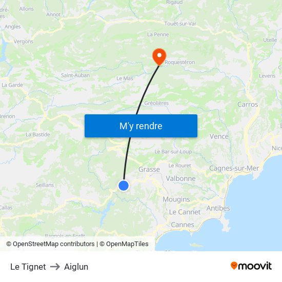 Le Tignet to Aiglun map